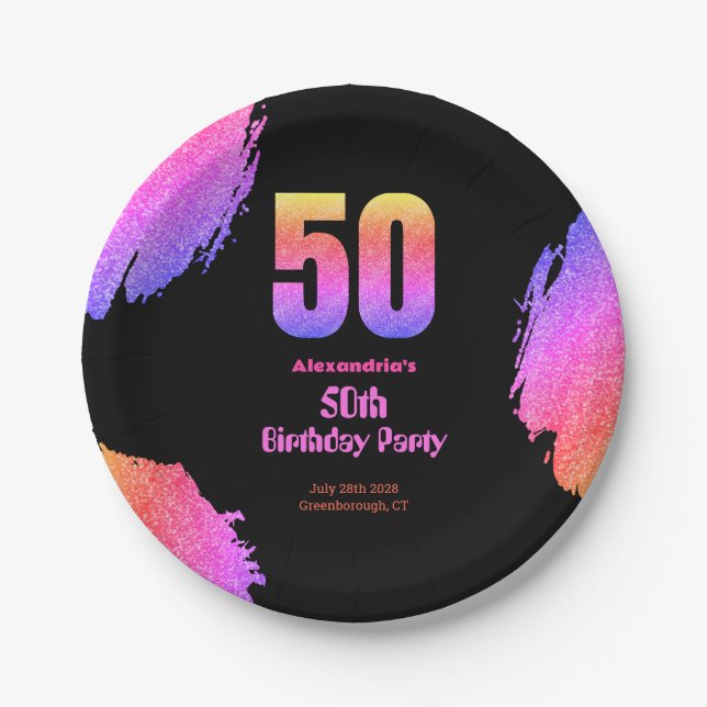 50th birthday neon pink glitter party paper plate (Front)