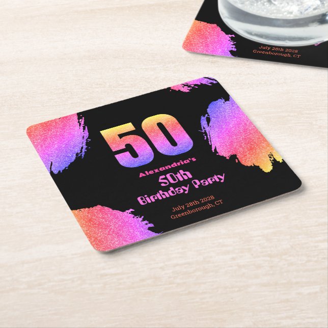 50th birthday neon pink glitter party square paper coaster (Angled)