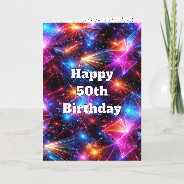 50th Birthday Neon Polygon Abstract  Card (Front)