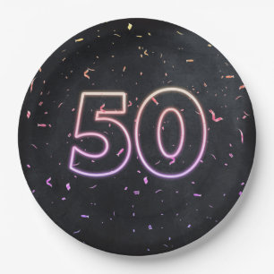 50th Birthday Neon Sign On Black Paper Plate