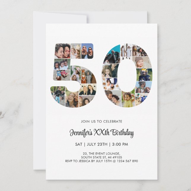 50th Birthday Number 50 Custom Photo Collage Invitation (Front)