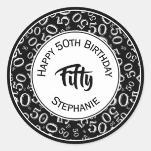 50th Birthday Number 50 Pattern Black and White Classic Round Sticker