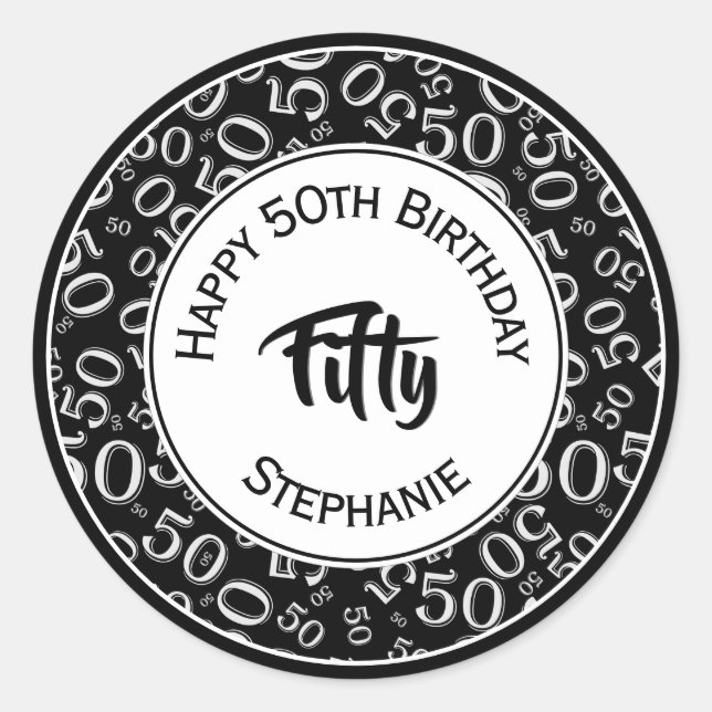 50th Birthday Number 50 Pattern Black and White Classic Round Sticker (Front)