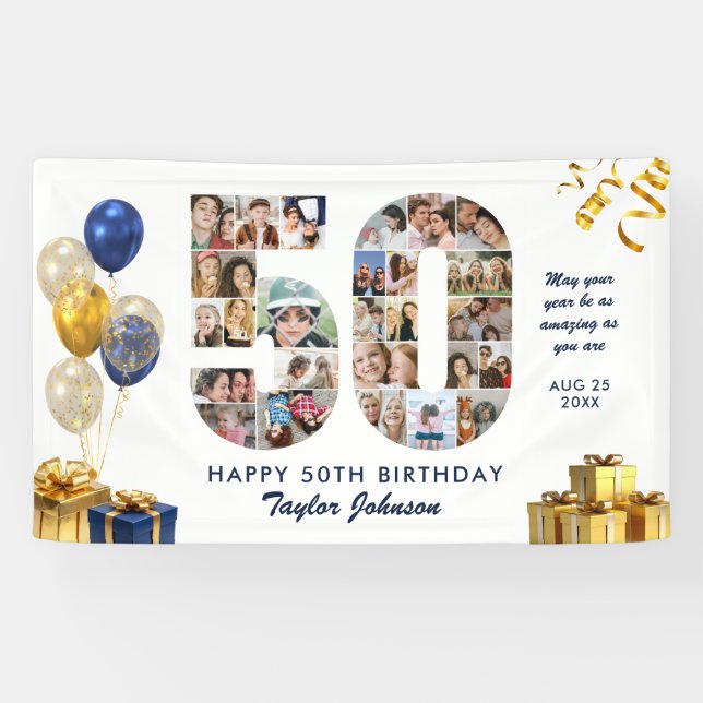 50th Birthday Number 50 Photo Collage White Gold Banner (Horizontal)