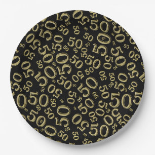 50th Birthday Number Pattern Gold/Black Paper Plate