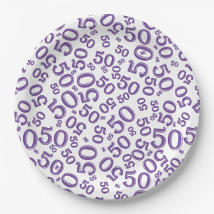 50th Birthday Number Pattern Purple/White Paper Plate