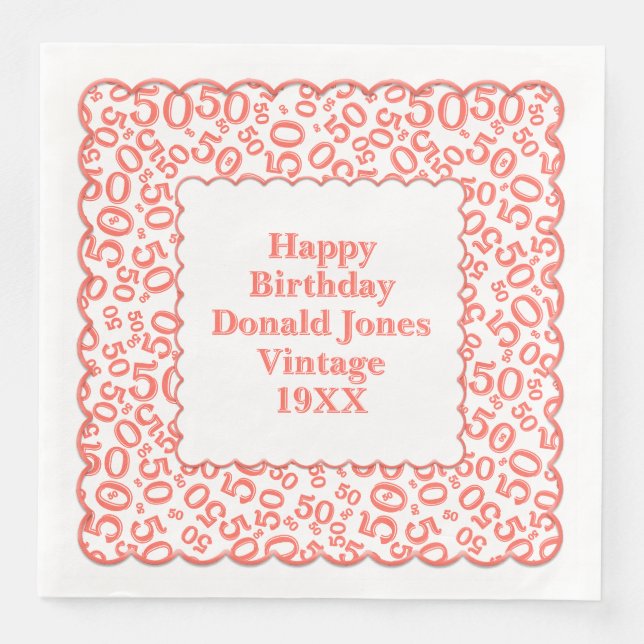 50th Birthday Number Pattern Scallops Coral/White Napkin (Front)