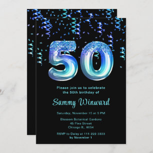 50th Birthday Ocean Balloons with Confetti Invitation
