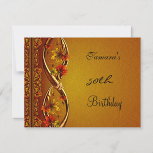 50th Birthday Old Gold Red Floral Elegant Invite