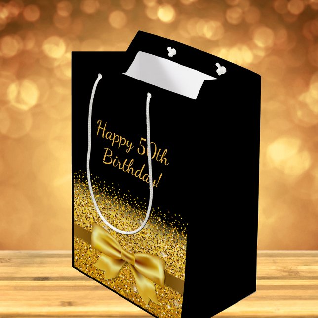 50th birthday on black with gold bow sparkle medium gift bag (Creator Uploaded)