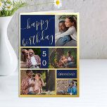 50th Birthday or Any Age 5 Photo Blue and Gold Foil Greeting Card<br><div class="desc">Luxury gold foil birthday card which you can personalise with a name, any age and 5 photos on the front as well as a personalised birthday greeting inside. The photo template is set up to automatically create a photo collage of vertical portrait, horizontal landscape and square format pictures. If you...</div>