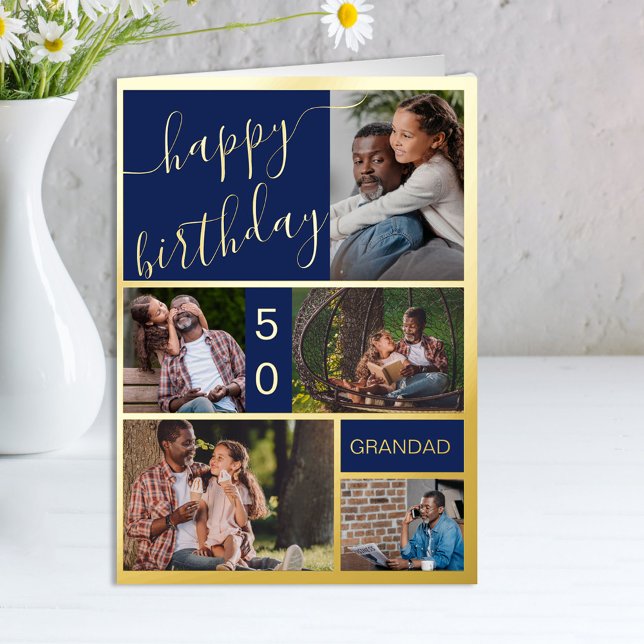 50th Birthday or Any Age 5 Photo Blue and Gold Foil Greeting Card (Creator Uploaded)