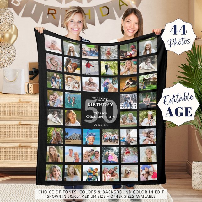 50th Birthday or Any Age Birthday 44 Photo Collage Fleece Blanket (Creator Uploaded)