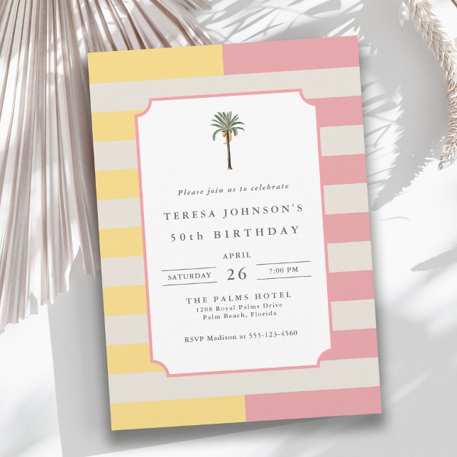 50th Birthday Palm Beach Pastel Stripe Tropical Invitation (Available in both printed and instant download digital formats.)