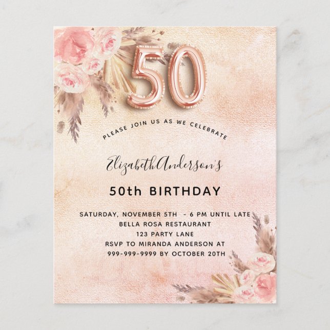 50th birthday pampas grass rose invitation (Front)