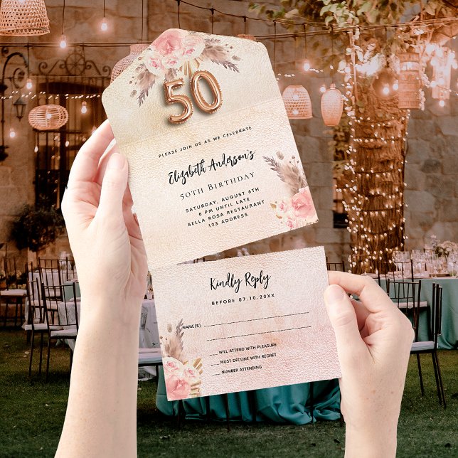 50th birthday pampas grass rose pink florals RSVP All In One Invitation (Creator Uploaded)