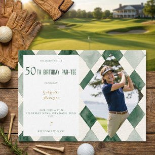 50th Birthday Par-Tee Watercolor Argyle Golf Green Invitation