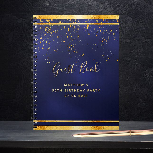 50th Birthday Party 50 dark blue gold guest book (Creator Uploaded)