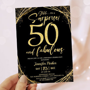 50th Birthday Party 50 Fabulous Black Gold Glitter Invitation