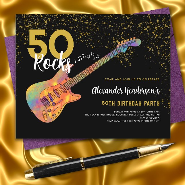 50th Birthday Party 50 Rocks Gold Glitter Budget (Rock and Roll 50th birthday party black and gold glitter budget invitation funky electric guitar)