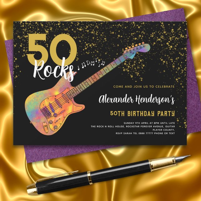 50th Birthday Party 50 Rocks Gold Glitter Invitation (Rock and roll 50th black and gold glitter birthday party invitation with funky electric guitar)