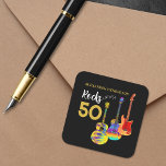 50th birthday party 50 rocks Guitar Square Sticker<br><div class="desc">Personalised Rocks 50 50th birthday party stickers with three cool watercolor guitar designs on black background. An electric guitar with Fire flame pattern and red pick guard, a multicolored semi acoustic guitar and a psychedelic classic acoustic guitar art illustration with personalised black and gold modern cool typography. This easy to...</div>