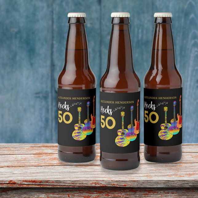 50th Birthday Party 50 Rocks Personalised Beer Bottle Label (Rock and roll 50th birthday party personalized beer labels for him funky guitars gold and black)