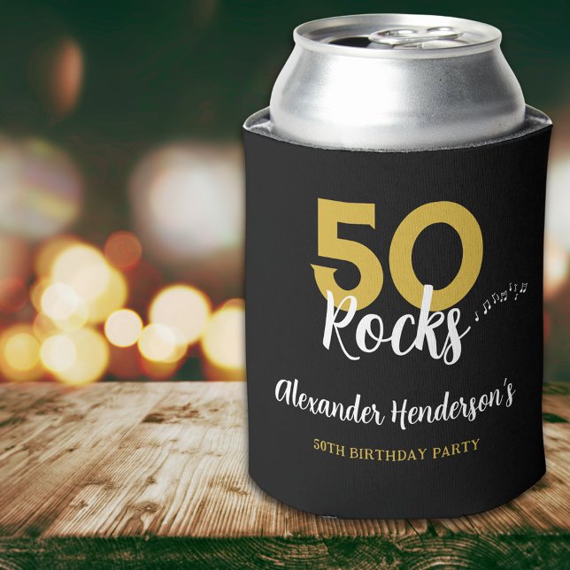 50th birthday party 50 Rocks personalised  Can Cooler (50 Rocks black and gold rock and roll typography musical notes custom 50th birthday party can cooler)