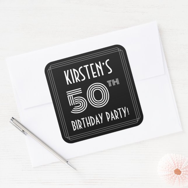 50th Birthday Party: Art Deco Style & Custom Name Square Sticker (Envelope)