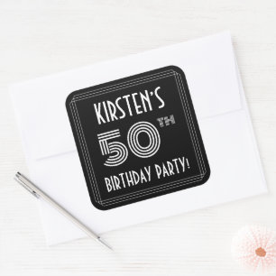 50th Birthday Party: Art Deco Style & Custom Name Square Sticker