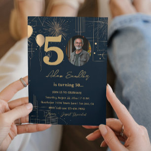 50th birthday party balloons and fireworks invitation