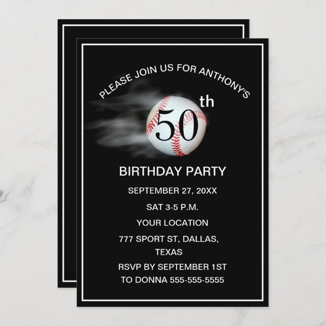 50th Birthday Party Baseball Black Dad Sport  Invitation (Front/Back)