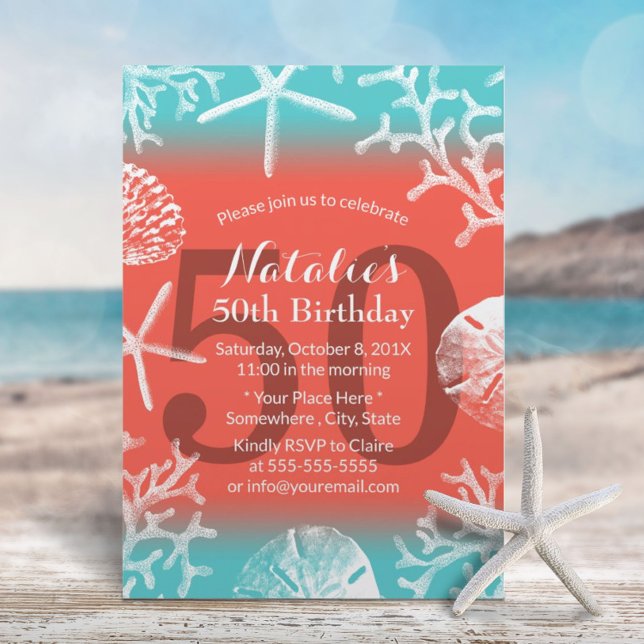 50th Birthday Party Beach Coral Reef Starfish Invitation (Creator Uploaded)