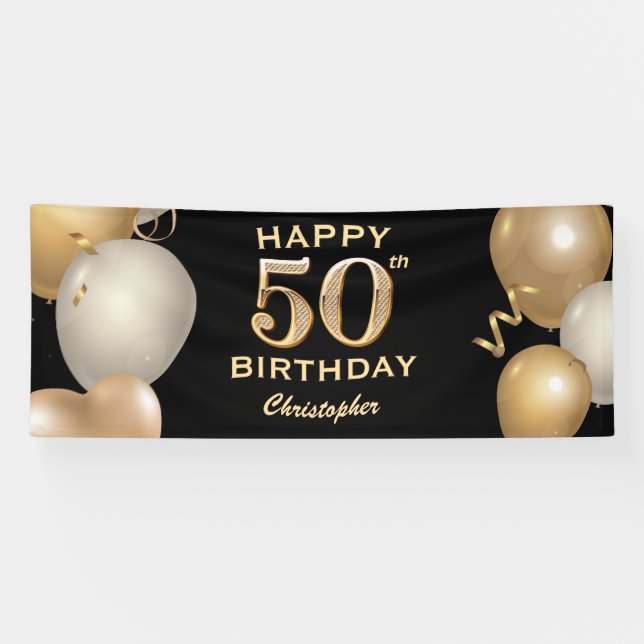 50th Birthday Party Black and Gold Balloons Banner (Horizontal)