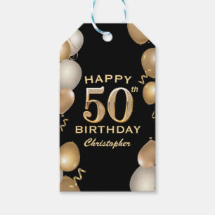 50th Birthday Party Black and Gold Balloons Gift Tags