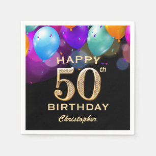 50th Birthday Party Black and Gold Balloons Napkin