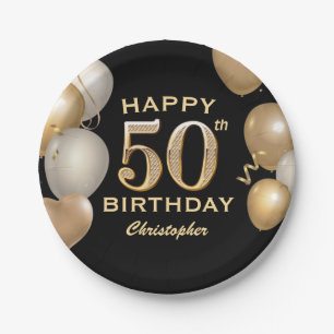 50th Birthday Party Black and Gold Balloons Paper Plate