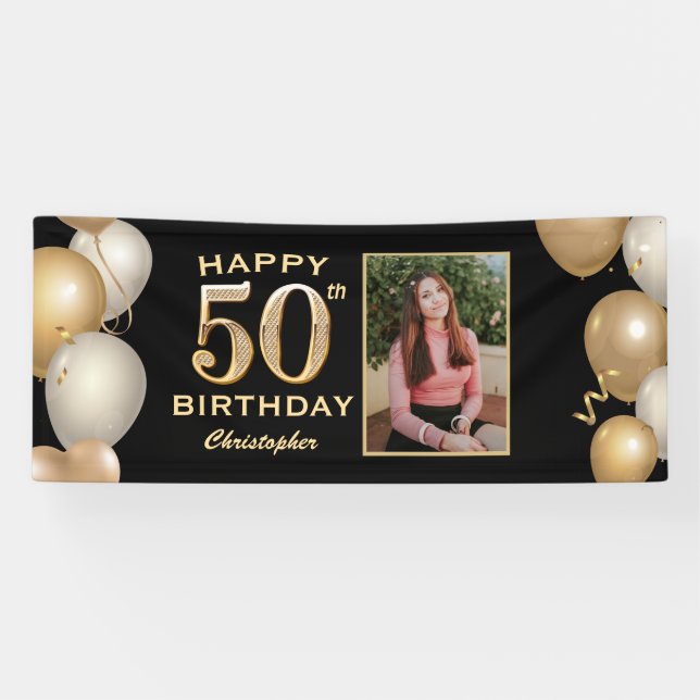 50th Birthday Party Black and Gold Balloons Photo Banner (Horizontal)