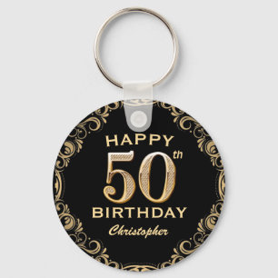 50th Birthday Party Black and Gold Glitter Frame Key Ring