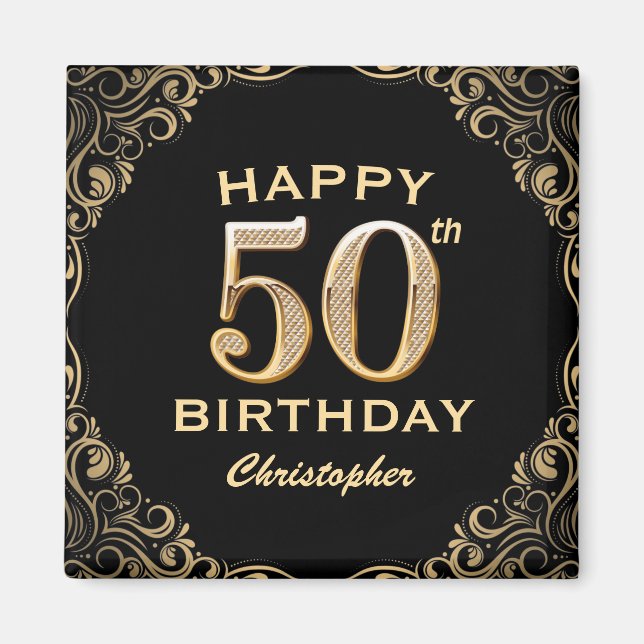 50th Birthday Party Black and Gold Glitter Frame Magnet (Front)