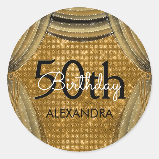 50th Birthday Party Black and Gold Sparkle Classic Round Sticker (Front)