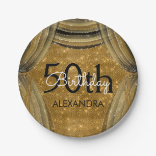 50th Birthday Party Black and Gold Sparkle Paper Plate