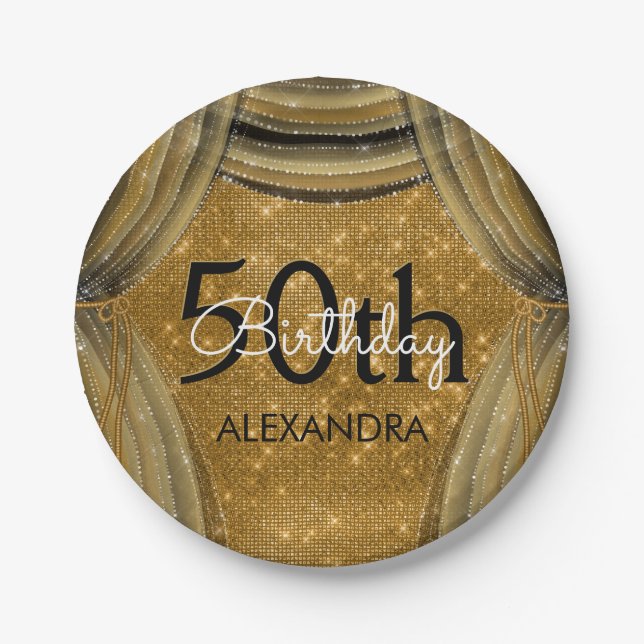 50th Birthday Party Black and Gold Sparkle Paper Plate (Front)