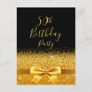 50th birthday party black girlygold bow invitation postcard
