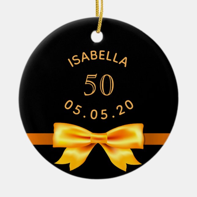 50th birthday party black gold bow ceramic tree decoration (Front)