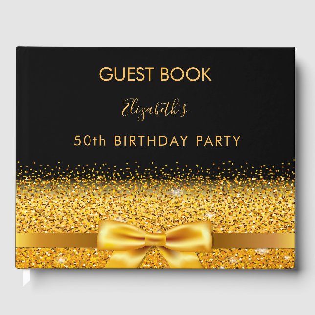 50th birthday party black gold bow glam sparkle guest book (Front)