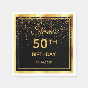 50th birthday party black gold confetti napkin