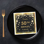50th birthday party black gold diamonds napkin<br><div class="desc">A napkin for an elegant black and gold themed 50th birthday party. Templates for a name, age and date of the party. Golden coloured letters. Black background colour and a faux gold frame. With glamourous faux golden diamonds. (no real diamonds) The background is transparent so you can change the colour...</div>