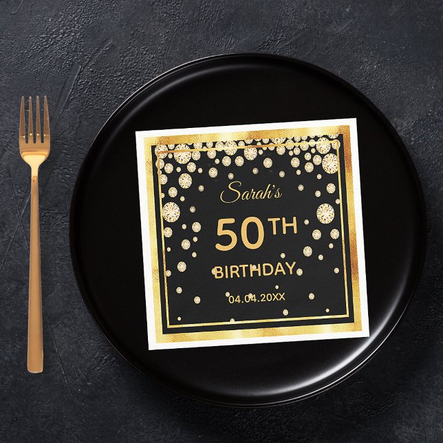 50th birthday party black gold diamonds napkin (Creator Uploaded)