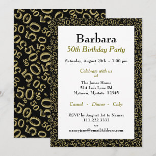 50th Birthday Party Black/Gold Number Pattern Invitation